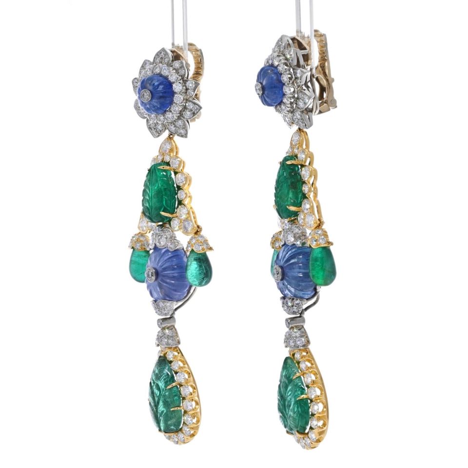 David Webb Girandole Carved Emerald And Diamond Dangle Earrings - The Back Vault