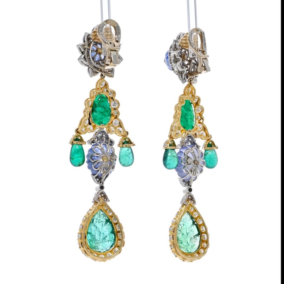 David Webb Girandole Carved Emerald And Diamond Dangle Earrings - The Back Vault