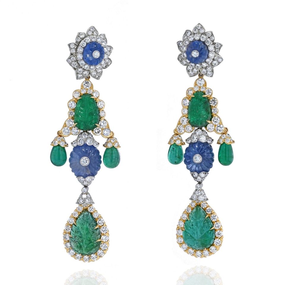 David Webb Girandole Carved Emerald And Diamond Dangle Earrings - The Back Vault