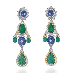 David Webb Girandole Carved Emerald And Diamond Dangle Earrings