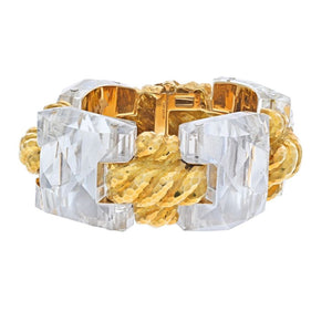 David Webb 18K Yellow Gold Checkerboard Rock Crystal Wide Link Bracelet