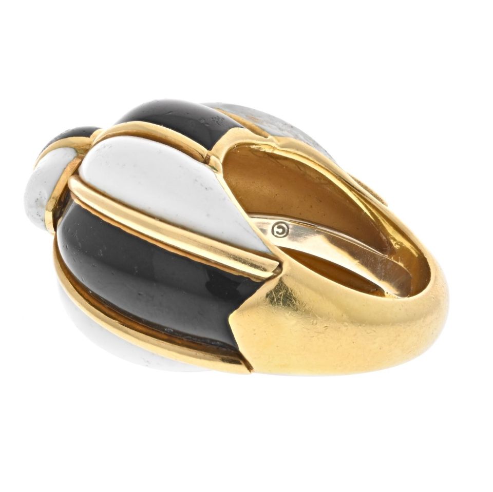 David Webb 18K Yellow Gold Black And White Enamel Bombe Ring - The Back Vault