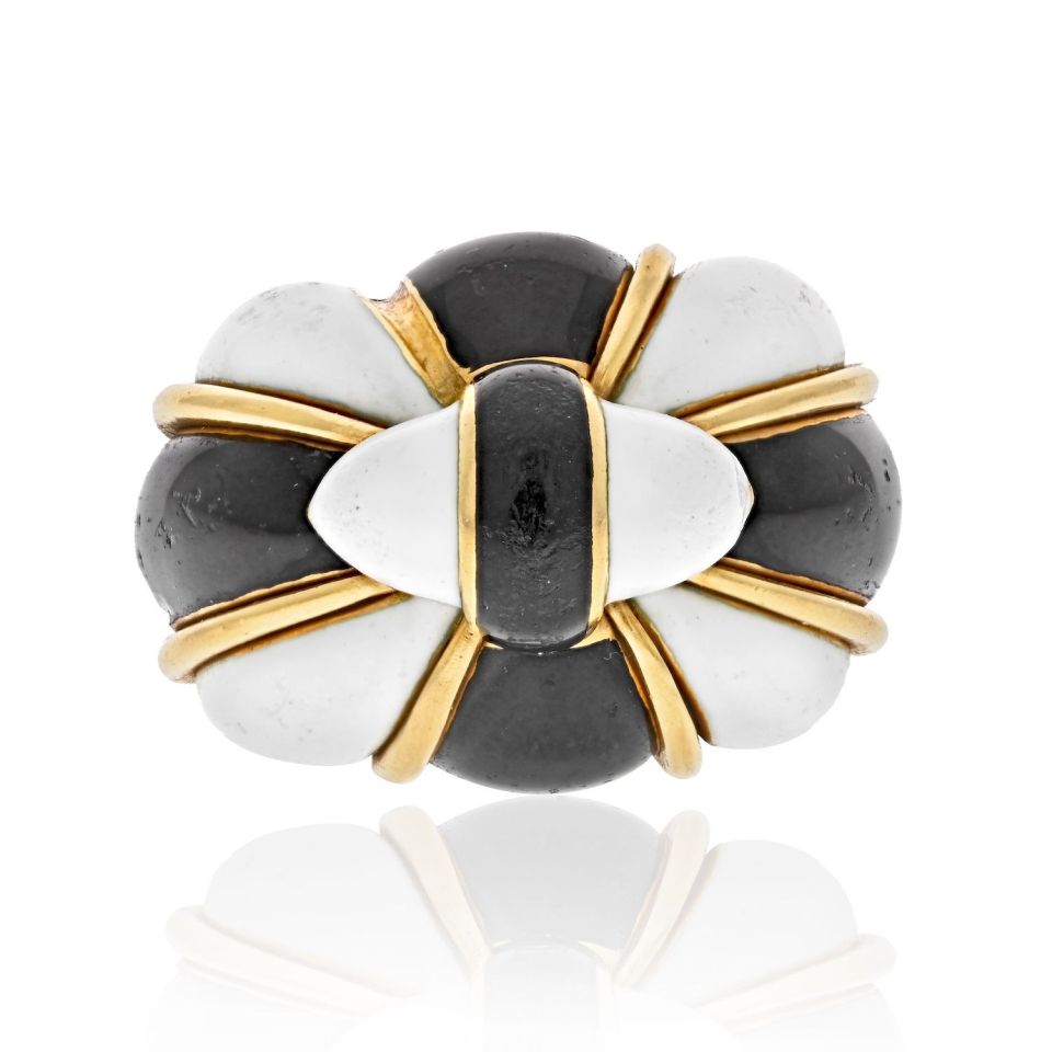 David Webb 18K Yellow Gold Black And White Enamel Bombe Ring - The Back Vault