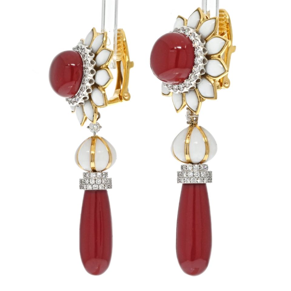 David Webb Platinum & 18K Yellow Gold Coral Drop Day To Night Dangling Earrings - The Back Vault