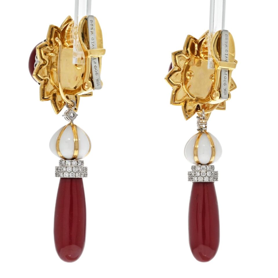 David Webb Platinum & 18K Yellow Gold Coral Drop Day To Night Dangling Earrings - The Back Vault