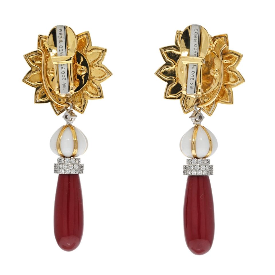 David Webb Platinum & 18K Yellow Gold Coral Drop Day To Night Dangling Earrings - The Back Vault