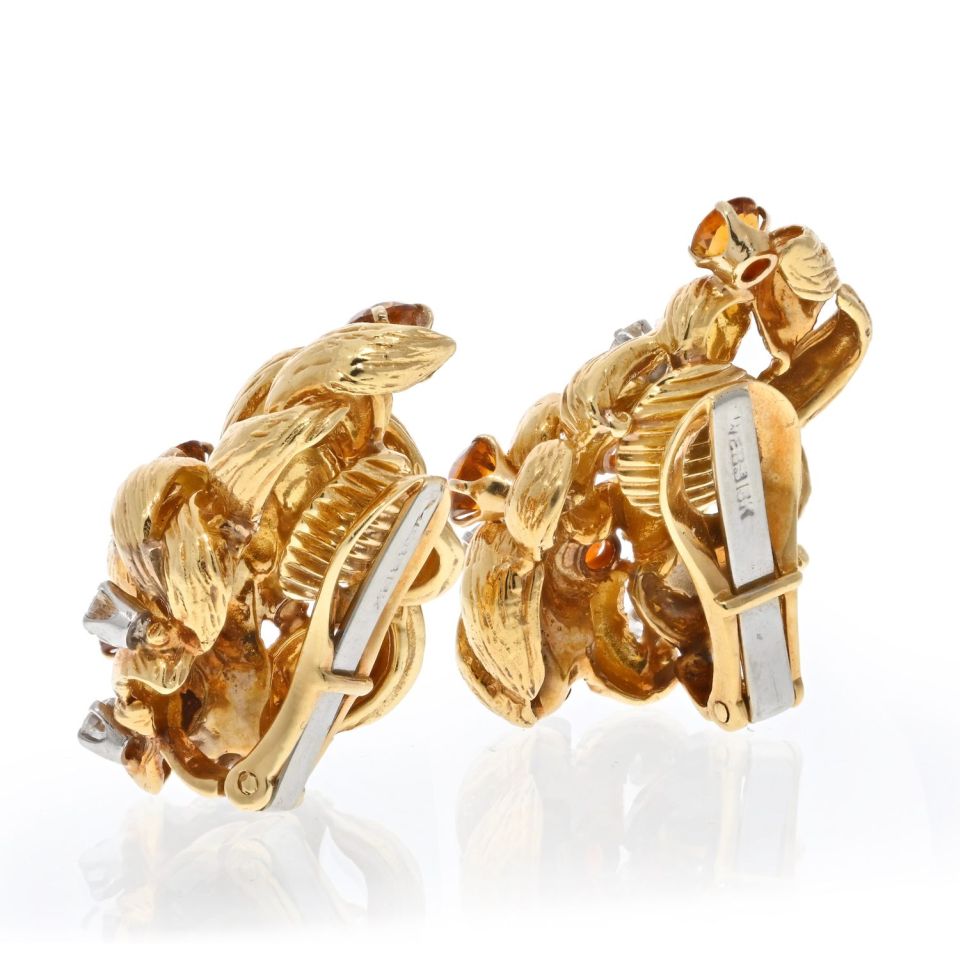 David Webb Platinum & 18K Yellow Gold Diamond And Citrine Clip On Earrings - The Back Vault