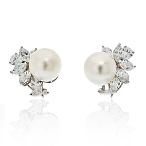 Platinum Pearl And 6 Carats Diamond Estate Earrings