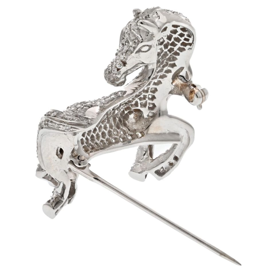 18K White Gold 4.00cts Round Diamond Horse Pin Brooch - The Back Vault