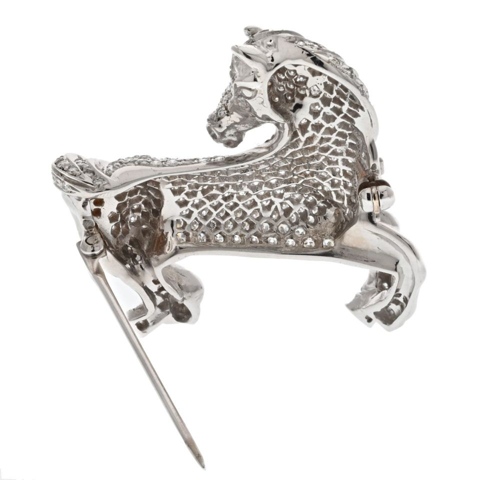 18K White Gold 4.00cts Round Diamond Horse Pin Brooch - The Back Vault