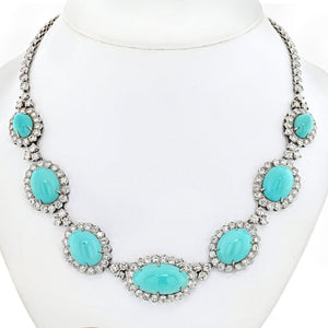 14K White Gold Estate Turquoise And Diamond Necklace