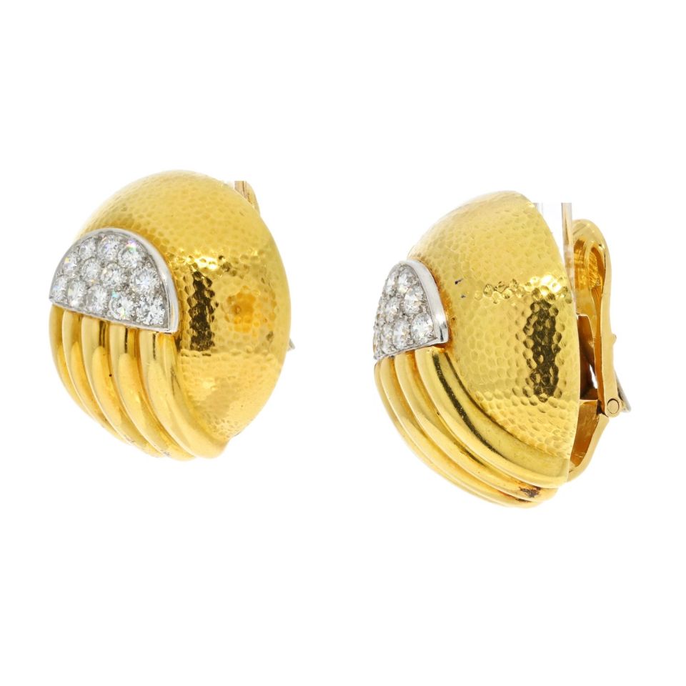 David Webb Platinum & 18K Yellow Gold Diamond Dome Round Clip On Earrings - The Back Vault