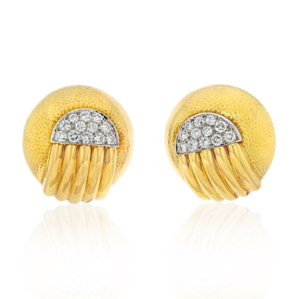 David Webb Platinum & 18K Yellow Gold Diamond Dome Round Clip On Earrings - The Back Vault