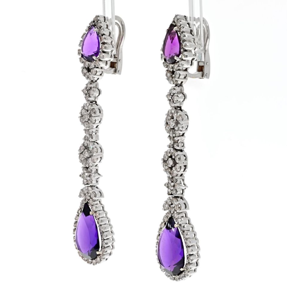 18K White Gold Amethyst And Diamond Drop Dangling Earrings - The Back Vault