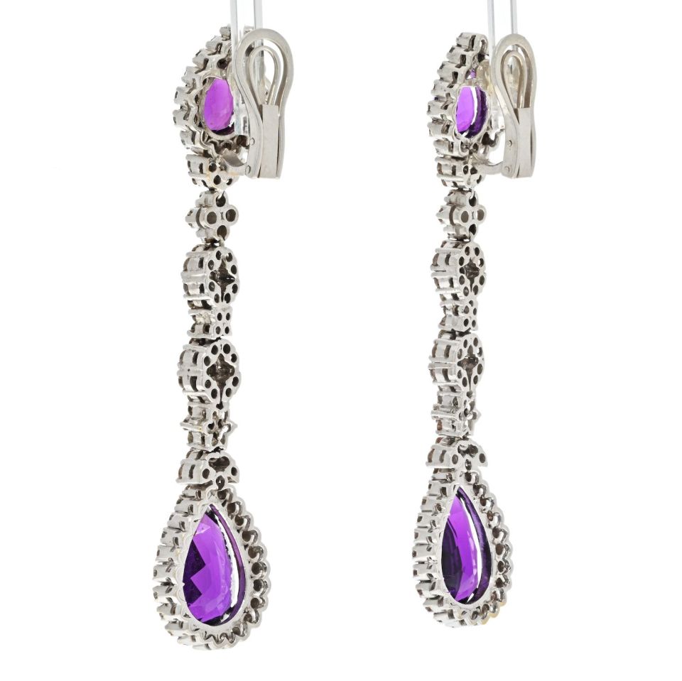 18K White Gold Amethyst And Diamond Drop Dangling Earrings - The Back Vault