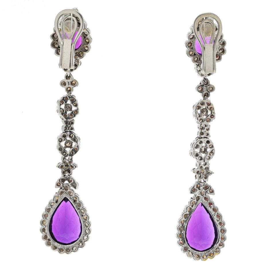 18K White Gold Amethyst And Diamond Drop Dangling Earrings - The Back Vault