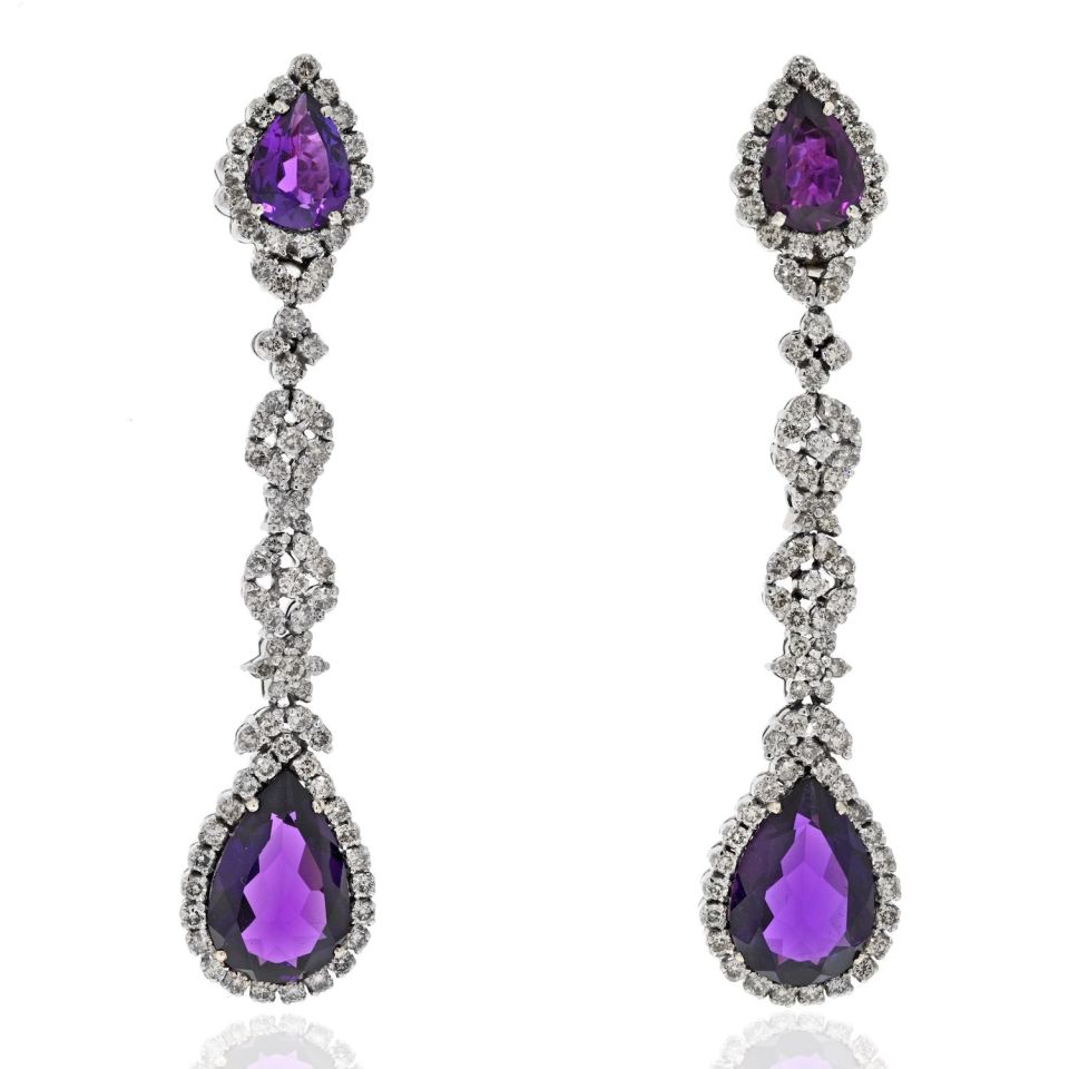 18K White Gold Amethyst And Diamond Drop Dangling Earrings - The Back Vault