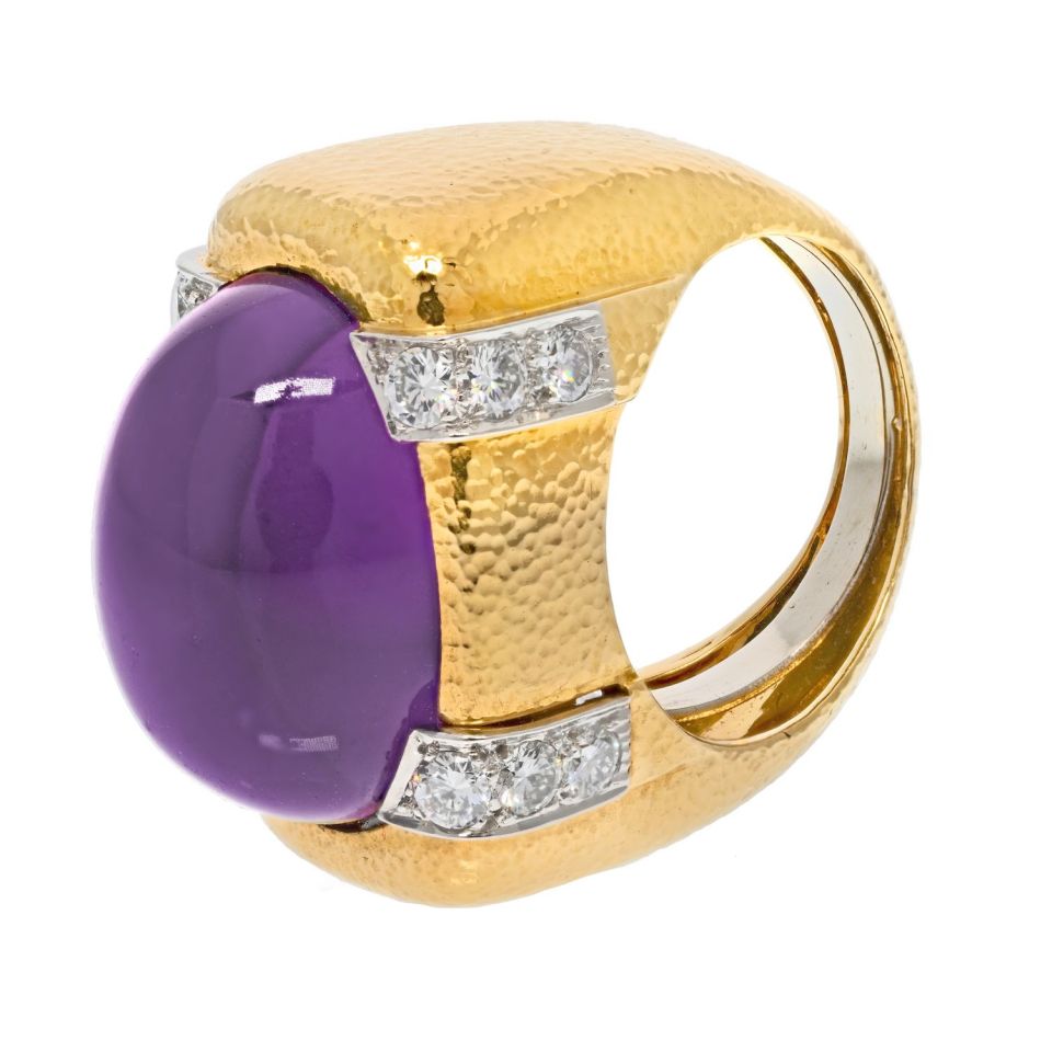 David Webb Platinum & 18K Yellow Gold Cabochon Amethyst And Diamond Cocktail Ring - The Back Vault