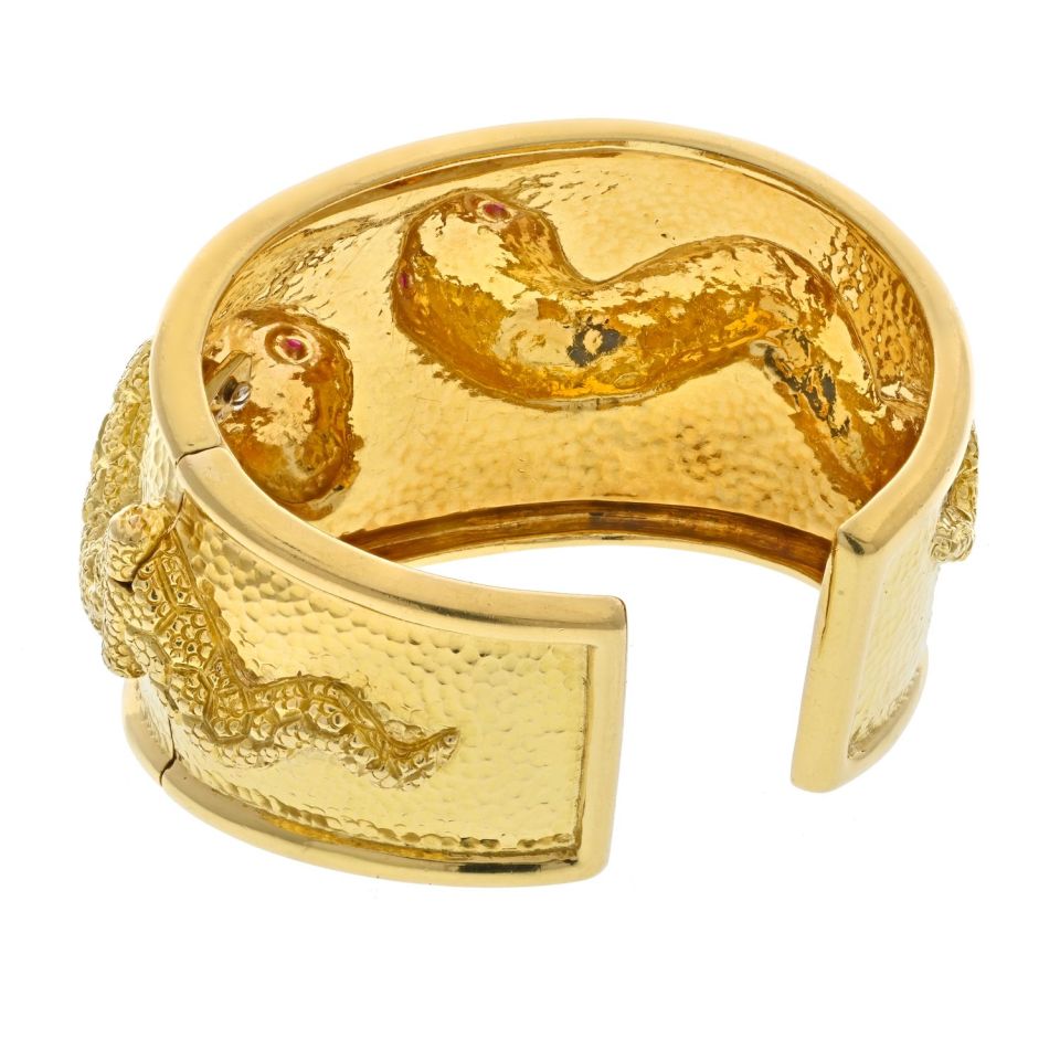 David Webb Platinum & 18K Yellow Gold Double Snake Textured Cuff Bracelet - The Back Vault