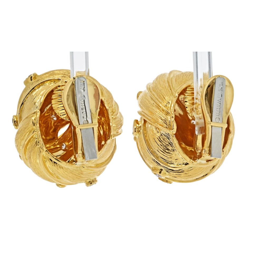 David Webb 18K Yellow Gold Knot Style Button With Diamonds Earrings - The Back Vault