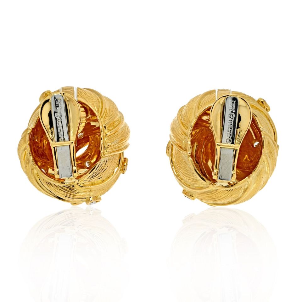 David Webb 18K Yellow Gold Knot Style Button With Diamonds Earrings - The Back Vault