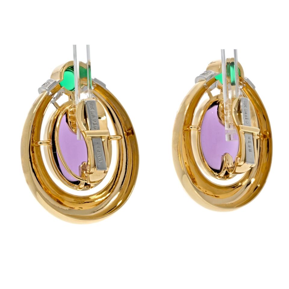 David Webb Platinum & 18K Yellow Gold Amethyst And Cabochon Green Emeralds Earrings - The Back Vault