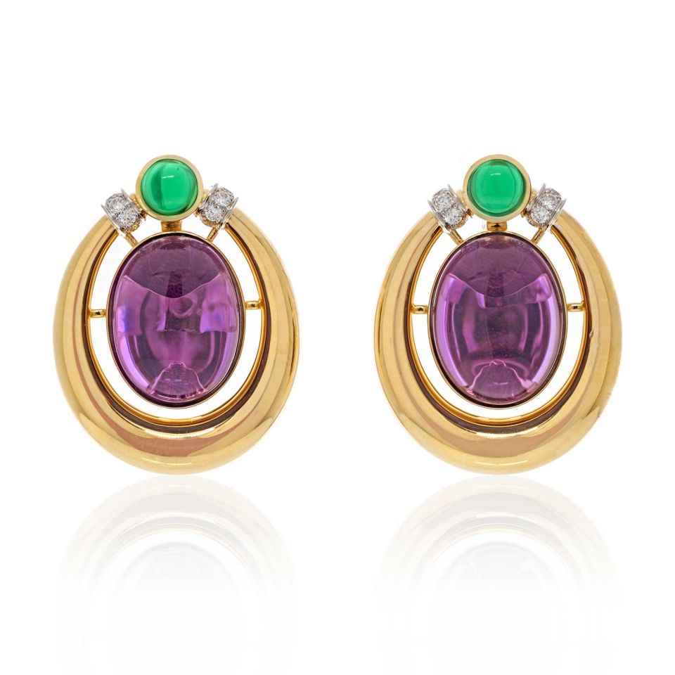 David Webb Platinum & 18K Yellow Gold Amethyst And Cabochon Green Emeralds Earrings - The Back Vault