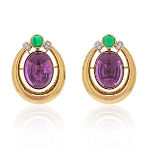 David Webb Platinum & 18K Yellow Gold Amethyst And Cabochon Green Emeralds Earrings