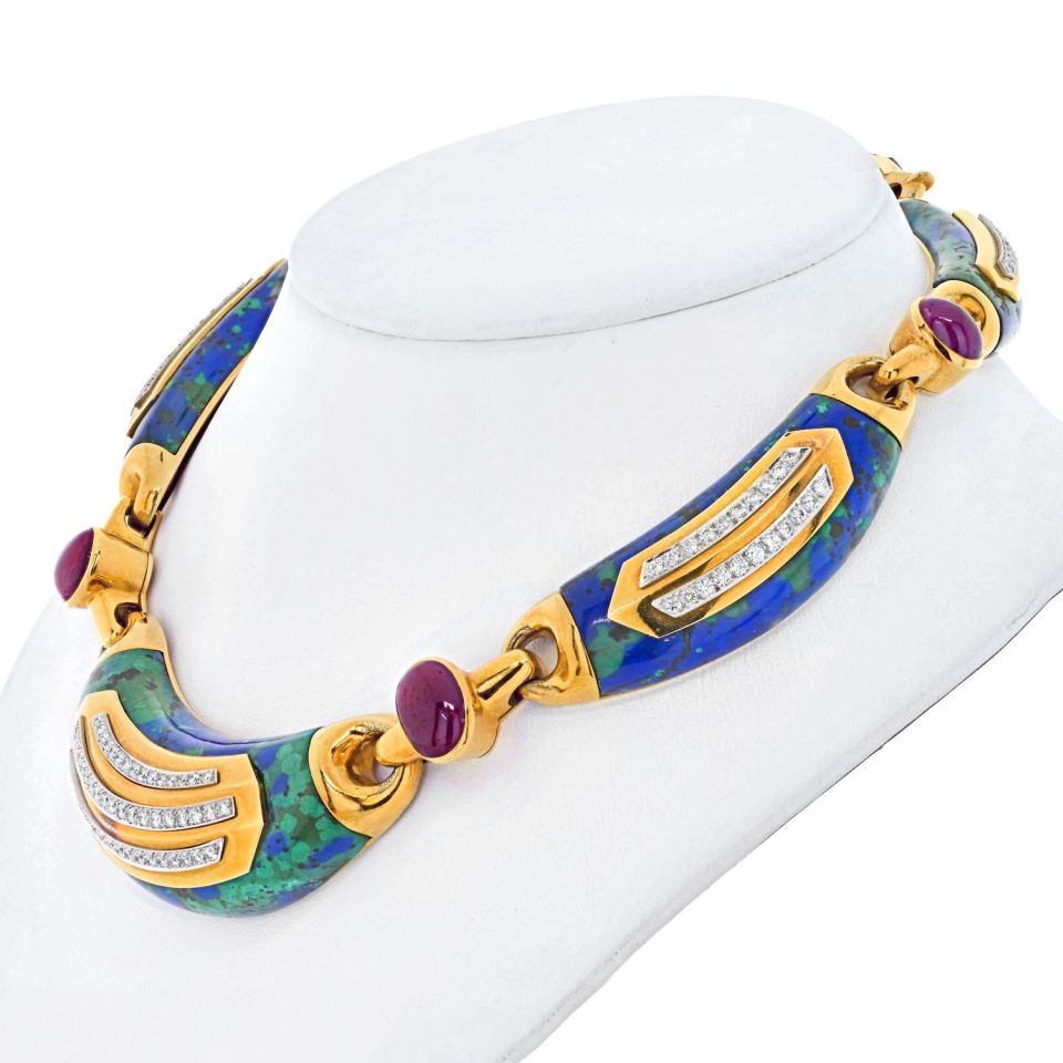 David Webb Platinum & 18K Yellow Gold Azurmalachite, Diamond And Ruby Collar Necklace - The Back Vault