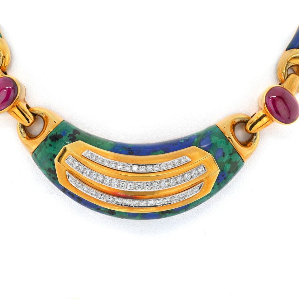 David Webb Platinum & 18K Yellow Gold Azurmalachite, Diamond And Ruby Collar Necklace - The Back Vault