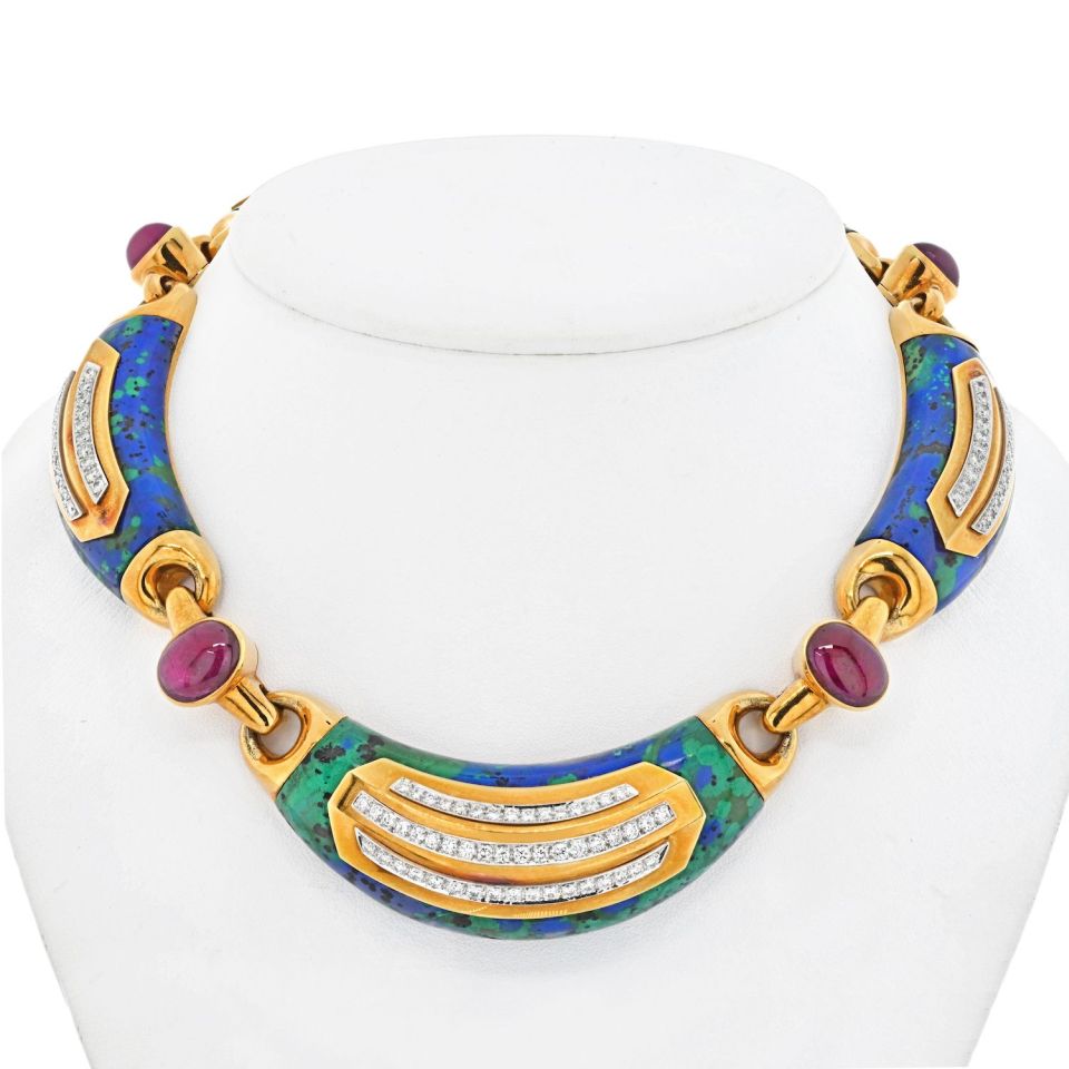 David Webb Platinum & 18K Yellow Gold Azurmalachite, Diamond And Ruby Collar Necklace - The Back Vault