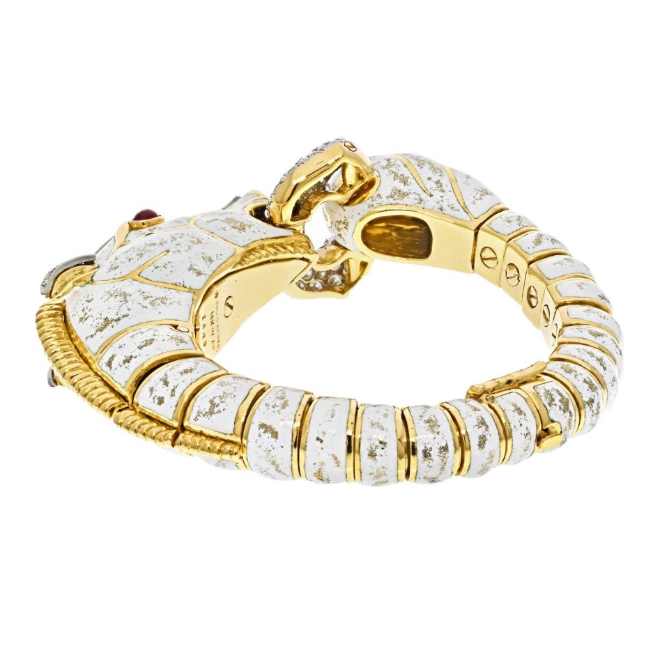 David Webb Platinum & 18K Yellow Gold Dappled White Enamel Diamond Horse Bracelet - The Back Vault