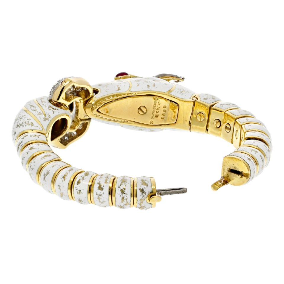 David Webb Platinum & 18K Yellow Gold Dappled White Enamel Diamond Horse Bracelet - The Back Vault
