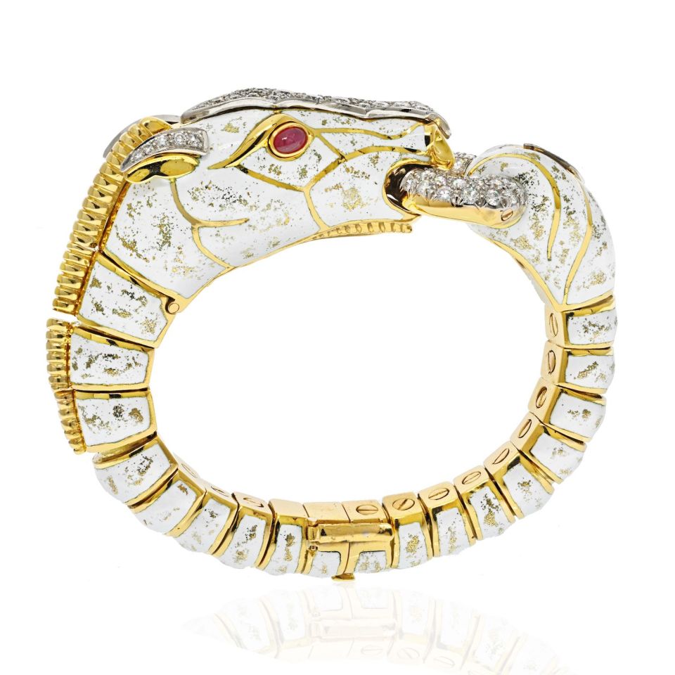David Webb Platinum & 18K Yellow Gold Dappled White Enamel Diamond Horse Bracelet - The Back Vault