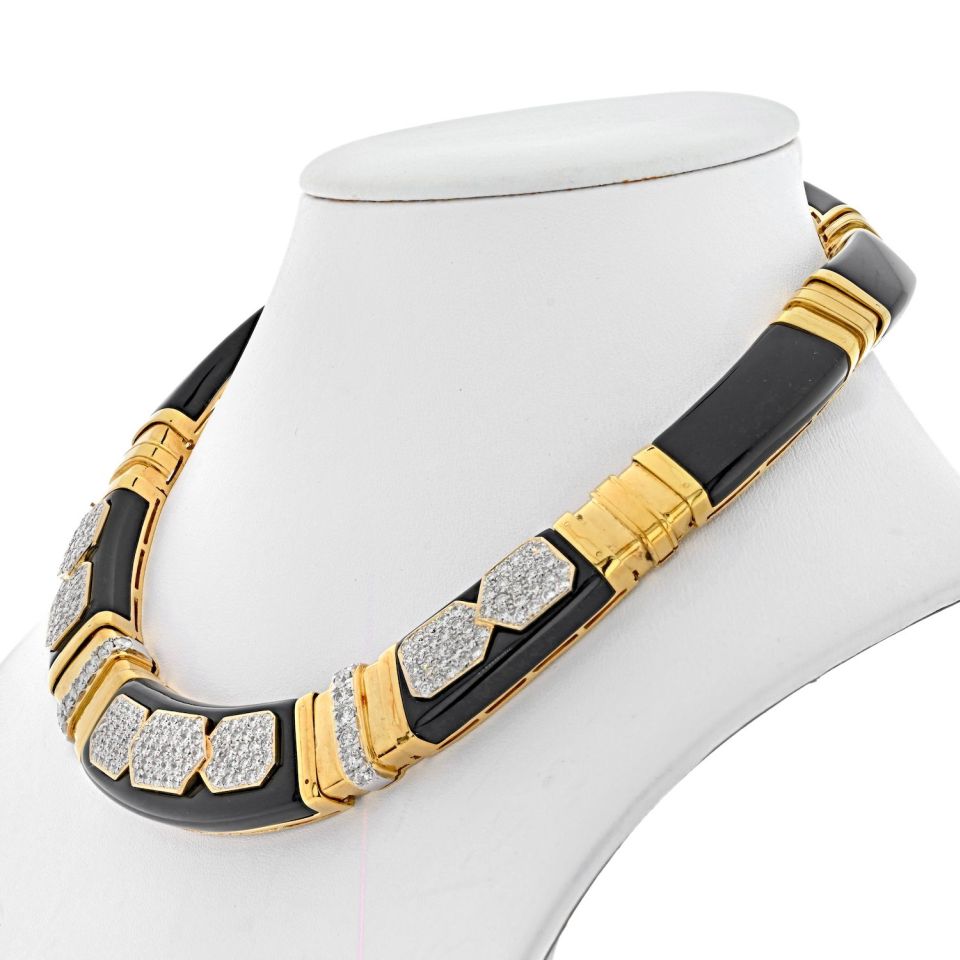 18K Yellow Gold Diamond, Onyx Gold Link Collar Necklace - The Back Vault