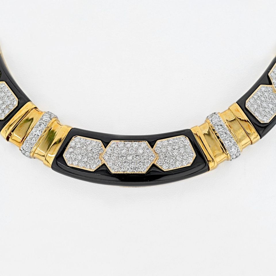 18K Yellow Gold Diamond, Onyx Gold Link Collar Necklace - The Back Vault