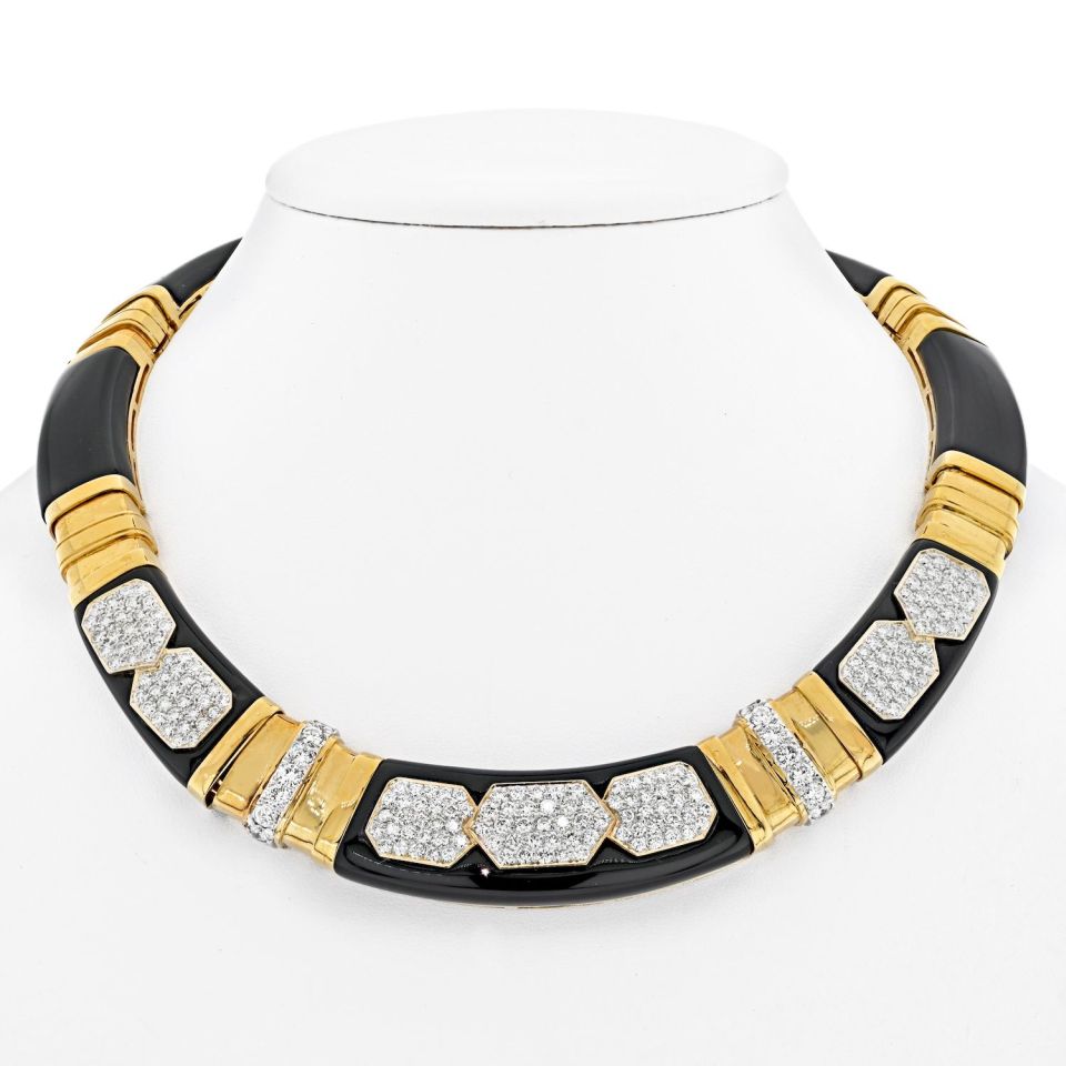 18K Yellow Gold Diamond, Onyx Gold Link Collar Necklace - The Back Vault