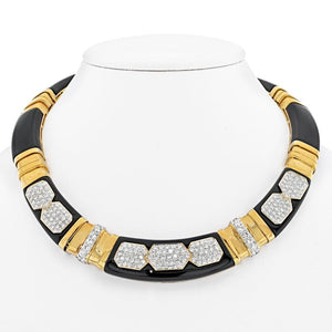 18K Yellow Gold Diamond, Onyx Gold Link Collar Necklace