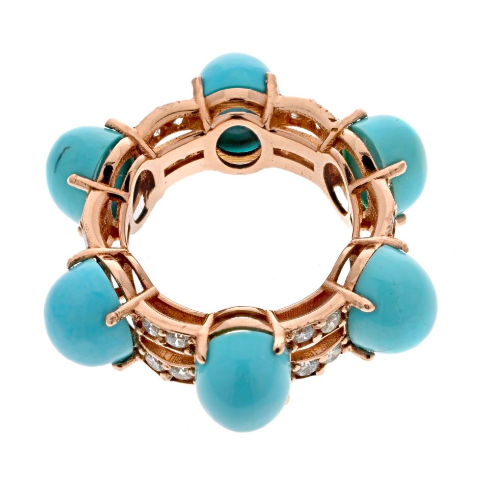 14K Rose Gold 6 Cabochon Turquoise Diamond Ring - The Back Vault