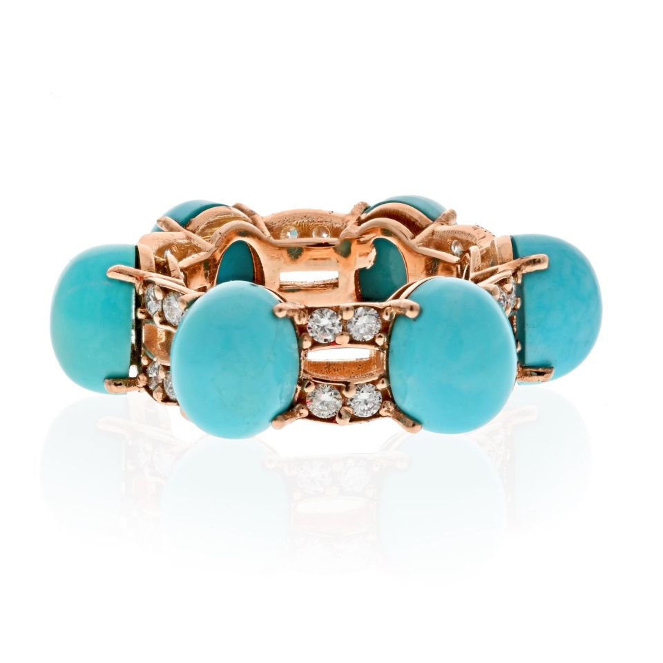 14K Rose Gold 6 Cabochon Turquoise Diamond Ring - The Back Vault