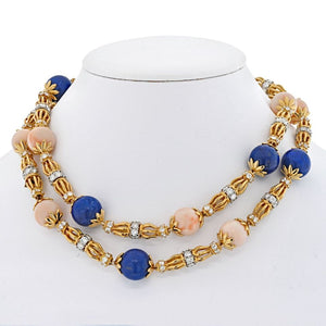 Tiffany & Co. Schlumberger 18K Yellow Gold Lapis, Coral And Diamond Long Chain Necklace