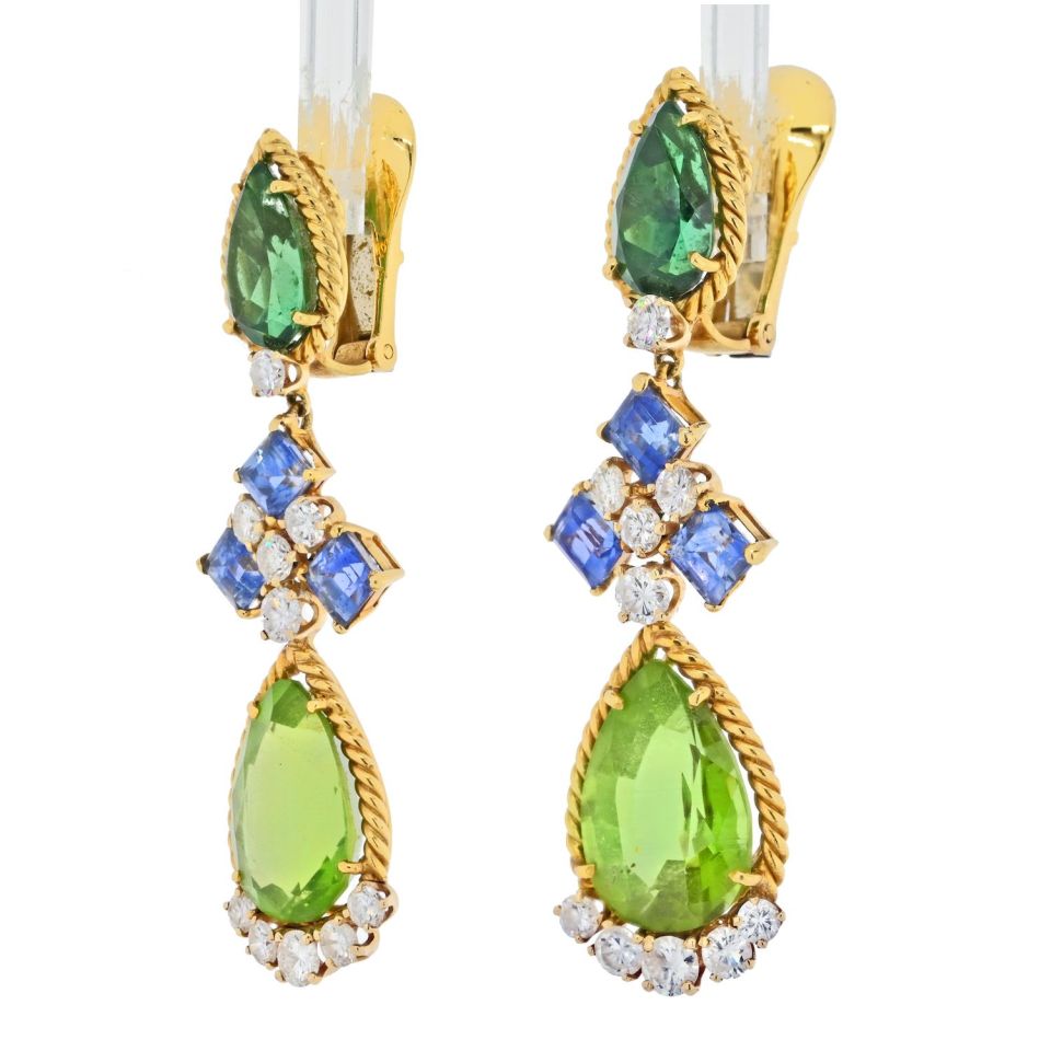 David Webb Platinum & 18K Yellow Gold Pair of Peridot, Tourmaline, Sapphire and Diamond Clip Earrings - The Back Vault