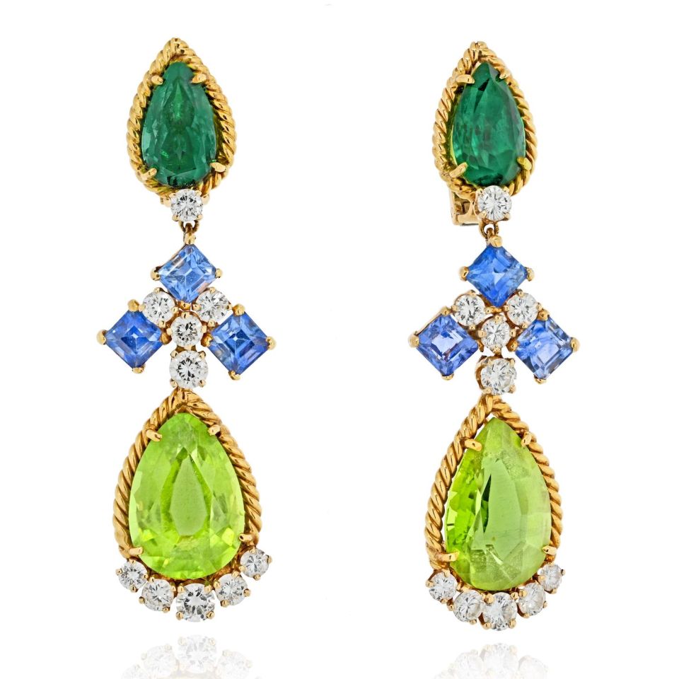 David Webb Platinum & 18K Yellow Gold Pair of Peridot, Tourmaline, Sapphire and Diamond Clip Earrings - The Back Vault