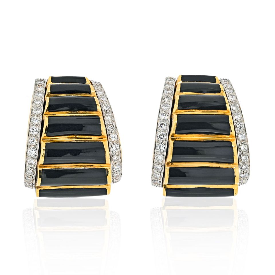 David Webb Platinum & 18K Yellow Gold Black Enamel Diamond Fluted Shrimp Style Clip Earrings - The Back Vault