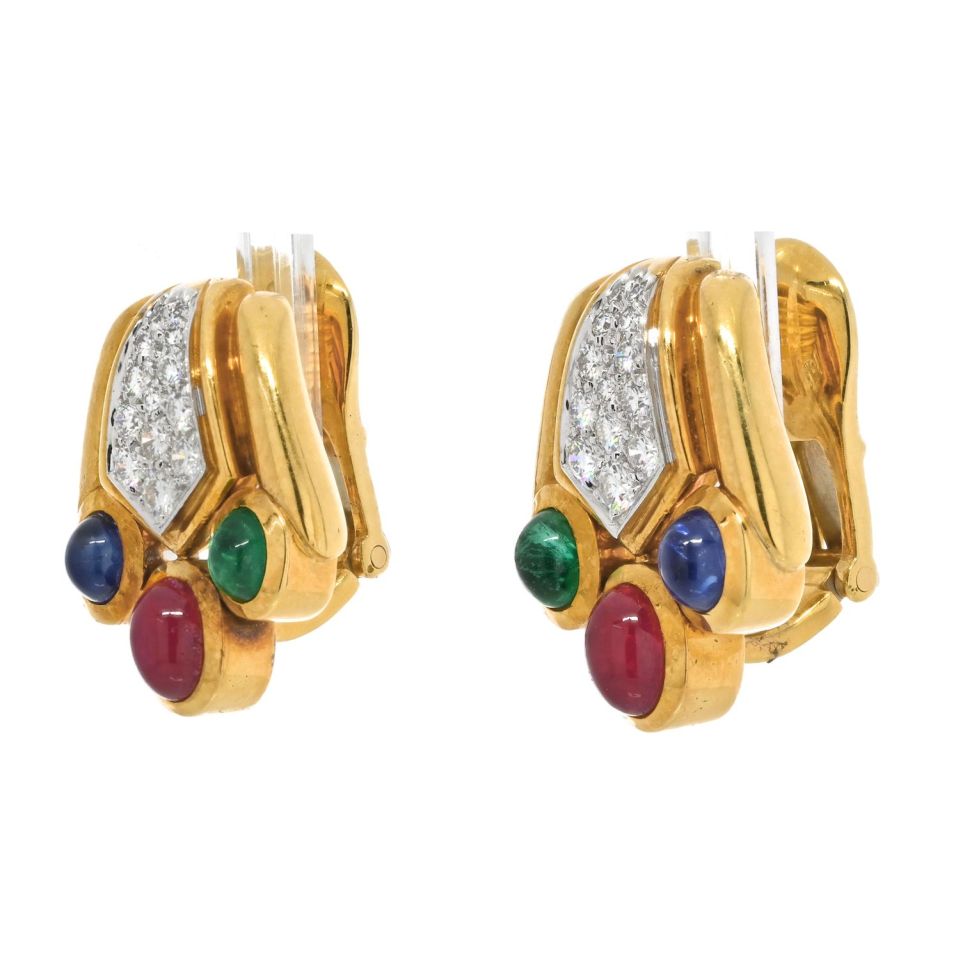 David Webb 18K Yellow Gold Diamond, Emerald, Sapphire and Green Earrings - The Back Vault