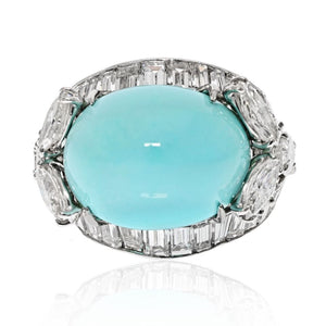 David Webb Platinum Oval Cabochon Cut Turquoise And Diamond Ring