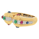 David Webb 18K Yellow Gold Diamond, Cabochon Oval Cut Emerald, Ruby Sapphire Hinged Bracelet - The Back Vault