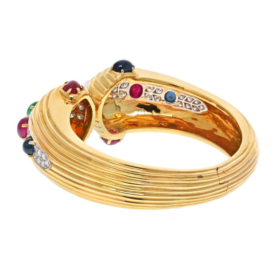 David Webb 18K Yellow Gold Diamond, Cabochon Oval Cut Emerald, Ruby Sapphire Hinged Bracelet - The Back Vault