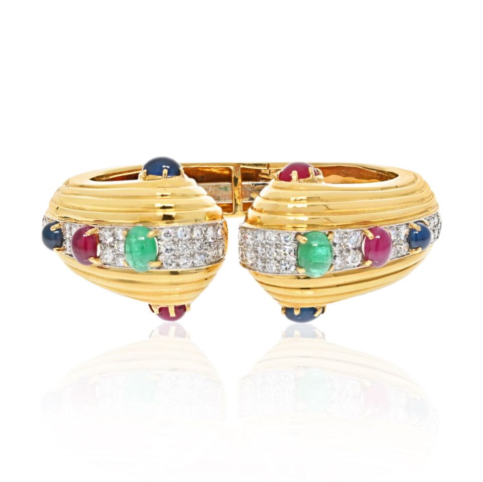 David Webb 18K Yellow Gold Diamond, Cabochon Oval Cut Emerald, Ruby Sapphire Hinged Bracelet - The Back Vault