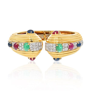 David Webb 18K Yellow Gold Diamond, Cabochon Oval Cut Emerald, Ruby Sapphire Hinged Bracelet